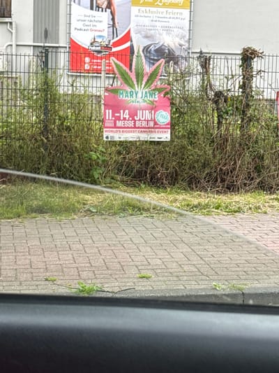 The image shows a fence with several posters attached to it, located on a street in Gronau, Germany. The most prominent poster is for "MARY JANE BERLIN" and advertises "WORLD'S BIGGEST CANNABIS EVENT" happening from June 11-14. Another poster is for a podcast called "Podcast Gronau". The scene is outdoors, with a brick sidewalk in the foreground and overgrown vegetation behind the fence. The lighting suggests it is daytime.