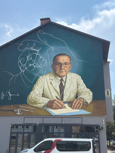 This is a detailed, forensic, matter-of-fact description of a mural located in the city of Pljevlja, Montenegro, on the side of a building under a bright, partly cloudy sky.

The mural, painted on a teal-colored wall that forms the triangular gable end of a building, depicts a bust of a man in a light-colored lab coat, wearing glasses and a tie. He is seated at a desk with a stethoscope to his left and is actively writing on a piece of paper with a pen. His expression is serious and focused. Behind him, rendered in white outline, are two large hands. One hand, positioned above and to the left, is clenched into a fist with the thumb extended upwards. The other hand is shown in profile, with the index finger pointing upwards, as if directing or emphasizing something. A stylized signature is visible in the lower left corner of the mural.

Below the mural, the building has a grey facade. The first floor features a row of large, dark-framed windows and doors, reflecting the surroundings. A white van with red and white stripes is parked in front of the building, partially obscuring the lower section of the mural and the storefront. To the right of the van and storefront, trees are visible. Electrical conduits and a small outdoor air conditioning unit are attached to the grey facade. The overall scene suggests an urban setting with a significant piece of public art.