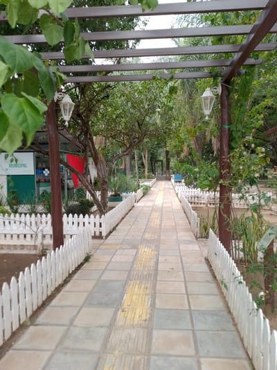 The image depicts a pathway in what appears to be a public park in Villa Hayes, Paraguay. The pathway is constructed of square gray tiles, with a tactile paving strip of yellow tiles running down the center to aid visually impaired pedestrians. A white picket fence lines both sides of the pathway. Overhead, a metal pergola structure provides partial shade. Green foliage and trees fill the landscape. A sign on the left side reads "BIBLIOTECA MUNICIPAL". Street lamps are visible on the metal support posts of the pergola. The environment appears quiet and natural.