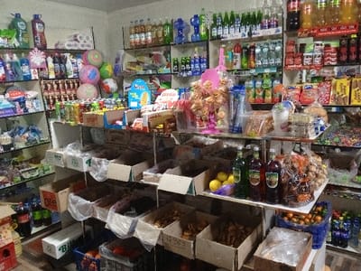 A vibrant small shop overflows with goods on shelves and displays. Glass shelves showcase drinks, household items, and toys. Below, open boxes contain dried fruits, nuts, and snacks. Three bottles stand among lemons. A blue crate holds oranges. Candy on sticks draws the eye, adding to the general impression of a well-stocked, bustling store.
