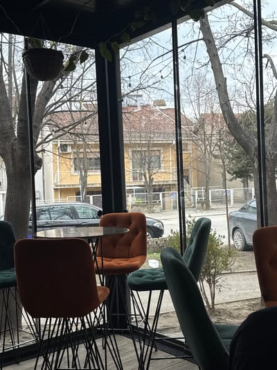The image captures an interior view from a cafe or similar establishment, looking out through a large glass window onto a street scene in Kumanovo, North Macedonia.

Inside, in the immediate foreground, three high-top chairs with distinctive black geometric wire bases are visible: two upholstered in rust-orange and one in dark teal. A round, dark-surfaced high-top table stands between the orange chairs. The overhead structure is dark, from which string lights and green leafy vines are suspended. A dark brown woven hanging basket hangs from the ceiling. The floor consists of light-colored wooden planks. A partial view of a dark garment is visible in the lower right, indicating the presence of an individual out of frame.

The exterior scene reveals a street with residential buildings and parked vehicles under an overcast sky, suggesting a cooler season due to the bare branches of numerous deciduous trees. Across the street, a two-story building with a yellow facade, multiple white balconies, and a red tiled roof is prominent. In front of this building, a white metal fence with repeating square patterns and several small, white signs (details unreadable) lines the pavement. A dark-colored sedan is parked on the street to the left, and a grey sedan is visible further down the street to the right. Small green bushes grow near the ground level immediately outside the window.