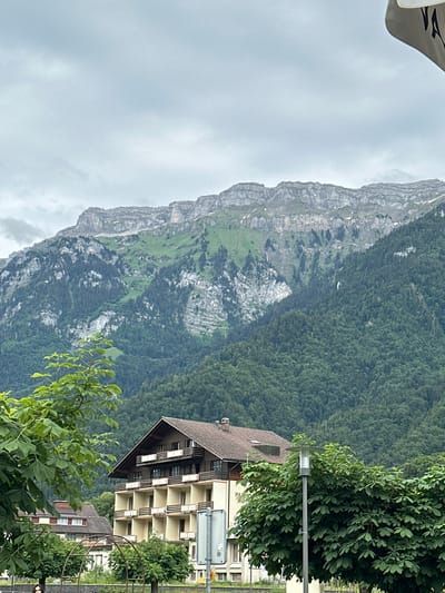 The image depicts a view of the town of Bönigen, Switzerland, with a prominent mountain range in the background. In the foreground, a large tree with green leaves partially obscures a building with a brown roof and a beige facade. This building features multiple balconies with light-colored railings. To the left, another building with a red roof is visible. A street lamp with a modern design stands to the right of the central building. The base of the mountains is covered in dense green forest, with lighter-colored rocky outcrops and patches of snow visible higher up. The sky is overcast and grey.