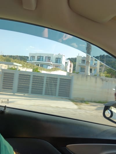 A blurry, sun-lit, daytime, outdoor, high-angle, eye-level, full shot captures a view from inside a vehicle, looking through the passenger-side window at modern white houses and a grey, horizontally-slatted gate. The houses are multi-story with large windows and glass balconies. Lush green foliage and trees are visible behind the gate and around the houses. The sky is a clear light blue with a few wispy clouds. The foreground is dominated by the dark interior of the car, including a portion of the door panel, a rearview mirror, and a glimpse of a person's arm wearing a green shirt. The scene appears to be in a residential area with the architecture suggesting a Mediterranean setting. The motion blur indicates the vehicle is in transit. The Municipal Unit of Sikyona, Greece is an area known for its coastal beauty and modern developments, consistent with the visual elements in the image.