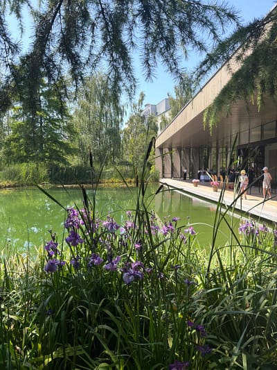 The image depicts an outdoor scene at the Rapperswil-Jona lakeside, featuring a modern building with a wooden facade situated next to a vibrant green pond. Lush vegetation, including reeds and purple irises, lines the foreground and the edge of the pond. In the background, trees and a building with windows can be seen. Several people are present on a wooden deck adjacent to the pond, with some appearing to be staff members attending to tables. Two young girls, one wearing a yellow hat and a patterned dress, and another in a white hat and patterned dress, are walking on the deck. The lighting suggests it is daytime, with a clear blue sky overhead.