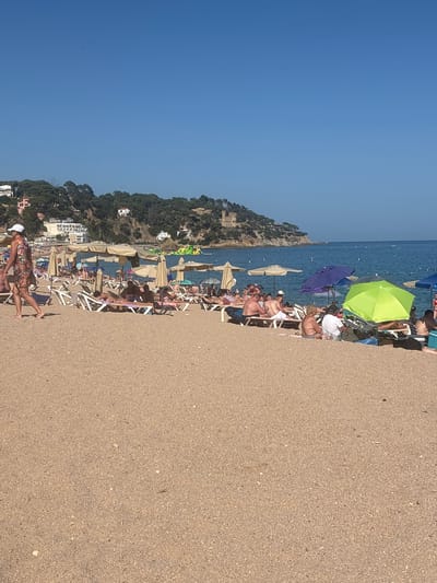 The image shows a crowded beach on a sunny day, with the sea in the background and a hillside covered in trees and buildings on the right. The perspective is from above, looking down at an angle. The beach is sandy and lined with rows of sun loungers, many occupied by people sunbathing or relaxing. Several umbrellas, in shades of beige, purple, and bright green, provide shade.
In the foreground, on the left, is a large expanse of sand, showing its coarse texture. Moving towards the right, the beach becomes populated with people. They are mostly dressed in swimwear, lying on loungers, or sitting. Some appear to be engaging in conversation, while others are resting. Further back, the blue sea is visible, with a few small boats dotted on the water. The coastline curves around to the right, leading to a densely wooded hill. Several white buildings, possibly hotels or apartments, are nestled amongst the trees on the hillside, with some featuring red-tiled roofs. A prominent, older-looking building with a tower is visible on the very top of the hill.
The clear blue sky suggests fair weather, likely a warm day, typical for a summer holiday. The overall atmosphere appears relaxed and typical of a popular beach resort. The location cues, such as the architecture and the dense Mediterranean vegetation, are consistent with the provided context of Lloret De Mar, Spain. There is no visible text in the image.
