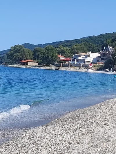 The image depicts a coastal scene in the Municipal Unit of Melivia, Greece, on a clear day with a bright blue sky. The foreground is dominated by a pebble beach meeting a calm, bright blue sea. A small wave is breaking on the shore. In the mid-ground, several buildings are visible along the coastline. These include what appears to be a stone building with an orange roof, and larger, multi-story white structures with red accents. Some trees and lush green foliage are scattered amongst the buildings and extend up a forested hillside in the background. A few people are visible on the beach and in the water, engaged in activities such as swimming and sunbathing. A white boat is also present on the sand. The overall atmosphere is one of a peaceful summer day at the beach.