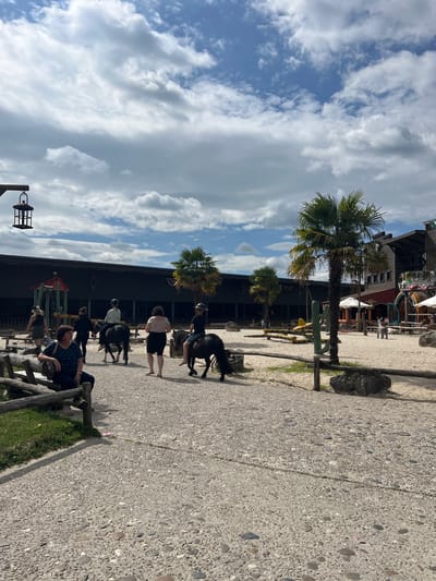 The image depicts an outdoor scene at a Western-themed park, likely a tourist attraction. In the foreground, a gravel pathway is visible, with a low wooden fence bordering a grassy area on the left. A woman is seated on a wooden bench in the grassy area, facing away from the camera. Several people are walking and riding ponies on the pathway and sandy area beyond.

In the middle ground, two ponies are being ridden by children wearing helmets. A group of adults is walking nearby. Behind them, there are more ponies, some appearing to be saddled and ready for riders. The environment includes sandy areas, wooden fences, and buildings that evoke a Western aesthetic, constructed with wood and dark siding. Palm trees and other vegetation are scattered throughout the area.

In the background, the park's structures are more prominent, featuring wooden facades, balconies, and signs. Some of these buildings appear to be shops or entertainment venues. The sky is partly cloudy, with a mix of blue sky and white clouds, suggesting fair weather.

The location is identified as the Western Village in Collendoorn, Netherlands. The scene suggests a lively atmosphere with families enjoying activities such as pony rides. The overall impression is that of a recreational area designed for entertainment and themed experiences.