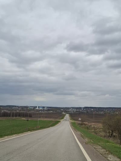 The image depicts a rural landscape under a predominantly overcast and cloudy sky. A two-lane asphalt road with a solid white dividing line stretches into the distance, curving gently to the right in the foreground. Green grassy verges line both sides of the road, beyond which lie brown, tilled fields and areas with bare trees and bushes, suggesting an early spring or late autumn setting. Utility poles are visible running parallel to the road on both sides.

In the mid-distance on the left side of the road, a small white car is seen driving away. Further along the horizon, a village or small town is visible, characterized by scattered buildings and a prominent religious structure featuring bright blue domes and a white spire. A triangular warning road sign, indicating a winding road, is positioned on the left side of the road. The sky is filled with varying shades of grey clouds, suggesting a dull, possibly chilly, daytime. There is no visible text.