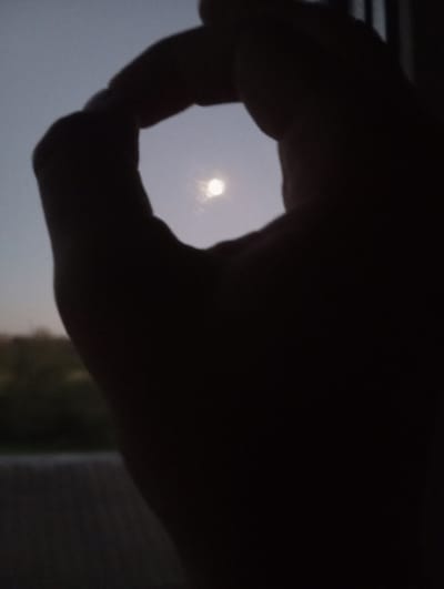 A silhouette of a hand forms an "OK" gesture against a pale, hazy sky. The gesture is positioned in the upper center of the frame. The bright disk of the sun is visible through the center of the "OK" sign, appearing slightly diffused. Below the hand, a blurred expanse of dark green foliage is visible, suggesting trees or bushes. A faint horizontal line, possibly a windowsill or a structure, is present in the lower part of the image. The overall lighting suggests either dawn or dusk, with the sun low on the horizon. The image is dark, with the hand and immediate surroundings cast in deep shadow, creating a stark contrast with the luminous sun. The background consists of a gradient of pale blue to gray, indicative of the sky. There are no discernible architectural elements from Oleksandriia, Ukraine.
