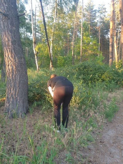 A person wearing black leggings and white-soled sneakers is in a low crouch position in a forest. Their back is to the camera, and their head is down, obscured by their body. The person appears to be reaching for something on the ground. The setting is a forest with tall trees and lush green foliage. A large fallen tree trunk lies in the foreground. The ground is covered with dry grass and some green plants. The lighting suggests it is late afternoon or early evening, with sunlight filtering through the trees and casting long shadows. The overall mood is serene and natural. No text is visible in the image. The location context is Obukhiv, Ukraine.