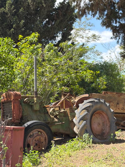 The image shows a rusty, possibly abandoned, tractor parked in what appears to be a natural area, likely in Eshkol Regional Council, Israel. The tractor is surrounded by greenery and appears to be old and decaying. The sky is visible through the trees, suggesting an outdoor location. Parts of the tractor are heavily corroded. The tractor includes two different sizes of tires. The smaller tire is near a flat rectangular object.