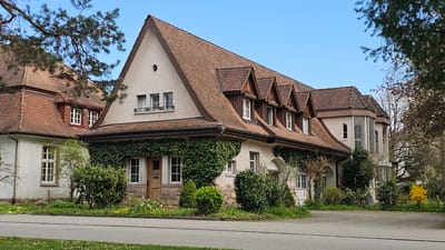 A daytime view depicts a street scene in Rheinfelden, Switzerland. The focal point is a cluster of buildings, exhibiting traditional architecture with steeply pitched, terracotta tile roofs. The central structure is a cream-colored building, partially covered in green ivy, with a prominent triangular gable and several dormer windows. The building on the left is white. A paved road runs in the foreground. Vegetation includes trees and shrubs along the sides of the street. The sky is clear and blue.