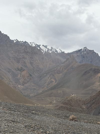 A wide shot of a mountainous, arid landscape under a cloudy sky. The foreground is a rocky, gray terrain. In the middle ground, there are several small, white structures, possibly prayer flags or stupas, nestled on a rocky incline. Further back, massive, layered mountains dominate the scene, with some snow-capped peaks visible against the overcast sky. The colors are muted, with shades of gray, brown, and white. The scene appears to be in Zangla, India, based on the context provided. There are no people or visible animals in the image.