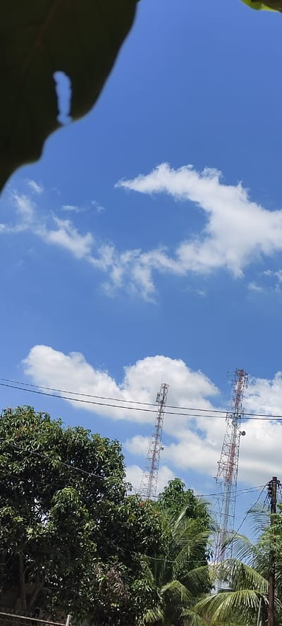 In Langnibong, Indonesia, this image captures a bright, clear day with a vibrant blue sky dotted with fluffy white clouds. The foreground is partially obscured by a dark green leaf or branch, casting a shadow that creates a framing effect. In the mid-ground, lush green foliage from trees, likely mango and palm trees, dominates the lower portion of the frame, with some branches extending upwards. Two tall, red and white lattice towers, characteristic of telecommunication or transmission towers, stand prominently in the background, piercing the sky. Horizontal power lines stretch across the scene, connecting to a utility pole on the far right. The overall scene depicts a blend of natural elements and human infrastructure under a picturesque sky.
