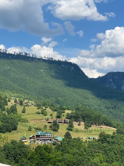 This is an aerial, eye-level, long shot of a mountain village in Đurđevića Tara, Montenegro. The scene is dominated by lush green mountains, with a clear blue sky dotted with fluffy white clouds. In the foreground, dense green trees form a natural frame. Below the treeline, the landscape opens up to rolling hills covered in grass and scattered trees.
Several wooden houses with green roofs are nestled into the hills. A larger building complex, also with green roofs and a multi-story structure, sits in the mid-ground, surrounded by parked vehicles. Further up the hill, more scattered houses are visible. The distant mountain slopes are densely forested, with a line of tall, thin trees topping the highest ridge, silhouetted against the sky. The overall impression is one of a peaceful, remote mountain settlement bathed in sunlight.