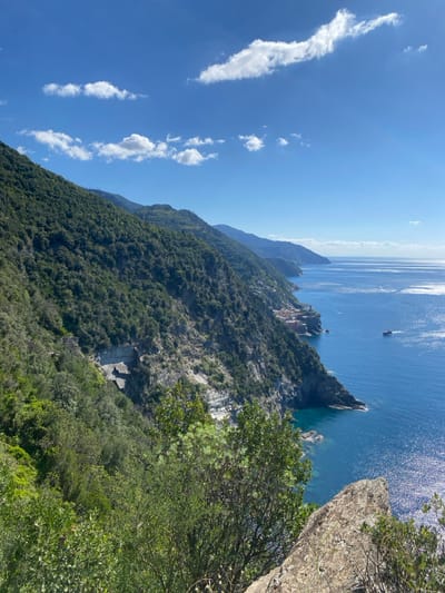 The image displays a panoramic coastal scene overlooking the Ligurian Sea, likely captured from a high vantage point along a hiking trail near Vernazza, Italy. The upper third of the frame shows a clear blue sky with scattered white cumulus clouds. The left and central portions are dominated by steep, verdant hillsides covered in dense green foliage, interspersed with visible grey rock formations and some terraced sections. In the mid-distance, nestled along the coastline, the distinctive colorful buildings of Vernazza are discernible. The expansive Ligurian Sea occupies the right and lower portions of the frame, exhibiting a deep blue color with significant sunlight reflections causing shimmering streaks on the water's surface. A single white boat is visible on the water, moving horizontally across the mid-right. The immediate foreground features dense green shrubs and a prominent, rugged rock outcrop on the lower right. No individuals are present in the observable scene.