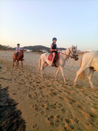 In Saint Arsenius, Greece, three horses and riders are captured in a sandy landscape, likely a beach or dunes. The sky is a pale, clear blue, suggesting either early morning or late afternoon.

In the foreground, a light-colored horse with a pink saddle blanket walks to the right, its hindquarters and rear legs visible. A person wearing a dark sleeveless top and black riding helmet is seated on this horse.

Slightly behind and to the left, a brown horse is being ridden by a person wearing a light-colored t-shirt, blue shorts, and a black riding helmet. This rider is facing slightly to the left.

Further in the background, the land slopes upwards, with rocky outcrops and sparse vegetation. A few cars are parked on the edge of the sandy area, and some white buildings are visible in the distance. The sand is marked with numerous footprints, indicating recent activity. The overall scene is one of a leisurely horseback ride in a natural, coastal environment.