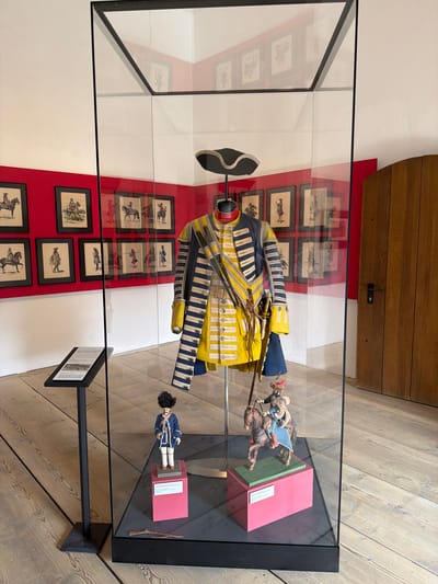 This image captures a historical military uniform and figurines displayed in a glass case within a museum setting, likely in Ingolstadt, Germany.
The central subject is a vibrant yellow and blue military uniform, primarily a long coat or jacket, prominently displayed on a stand inside the glass case. The coat features intricate blue and yellow striped patterns on the sleeves and front, adorned with numerous metal buttons or clasps. A black tricorn-style hat rests next to the uniform.
Within the case, two detailed figurines depict soldiers. One is a cavalryman on horseback, wearing what appears to be a fur-trimmed hat and a blue cloak, positioned on a pink and green display block. The other figurine is a standing infantry soldier dressed in a blue coat with red accents, white breeches, and dark hair, standing on a pink display block. A miniature rifle or musket lies on the black base of the display case next to this figurine.
The background features a two-toned wall; a large section is painted a striking red, adorned with several framed, monochrome drawings or prints depicting historical military figures or scenes. Another part of the wall is white. The floor is made of light-colored wooden planks with visible grain, extending into the foreground. Above, a darker wooden structure suggests a ceiling or upper architectural element.
A black information sign on a stand is visible in the foreground outside the case, containing multiple paragraphs of small text, presumably detailing information about the exhibit. Labels are also present on the pink display blocks inside the case, though the text is illegible. The scene creates an atmosphere of historical preservation and education.