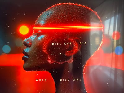 This media file depicts a close-up, profile view of a person's head, rendered with a glistening, wet appearance, suggesting sweat or water droplets. The subject is viewed from the left side, with their mouth slightly open and their eyes obscured by a bright red horizontal band of light. A circular, waveform-like graphic in red is superimposed over the head, centered around the ear area.
The background is dark, with numerous small white specks resembling stars or light particles. To the left of the subject's head, a bright yellow-orange circular bokeh effect is visible, likely a blurred light source. In the upper right quadrant, a blurred reflection of a window with vertical blinds is apparent, with a blue circular bokeh effect towards the right edge. The overall color palette is dominated by reds, oranges, and dark tones, creating a moody and abstract atmosphere.
Visible text within the image includes "R ILL LVE BIE" positioned within the waveform graphic, and "WHLE" and "BILD OWL" in the lower portion of the frame.
The scene evokes a sense of intense focus or perhaps a moment of emotional processing, amplified by the dramatic lighting and abstract graphical elements. The presence of bokeh suggests an artificial or stylized environment, possibly from a digital display or projection. The location context of Krāslava, Latvia, is not directly discernible from the visual elements themselves, but serves as external information about the file's origin or context. There are no clear indicators of time of day or specific weather conditions.
