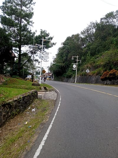 The image displays a curved asphalt road within the city of Ciloto, Indonesia, under an overcast sky. The perspective is low, looking forward as the road gently bends to the left.
On the immediate left, a narrow, unkempt grassy shoulder contains scattered litter, including plastic remnants. This shoulder is abutted by a low, dark grey stone retaining wall approximately 0.5 meters high, topped by a grassy embankment with a small dirt mound. A concrete drainage culvert is visible at the transition from the shoulder to the retaining wall. Further left, several large, dark green coniferous trees, possibly pines, rise prominently against the sky.
A series of white street light poles with gold-colored accents line both sides of the road. Each pole features multiple hanging lanterns and circular decorative signs. One prominent sign, visible on a pole on the left, displays Arabic script (transliterating to "Al-'Adl" or "The Just") and the word "CILOTO" below it. In the distant left background, several vehicles are observed on the road, including a yellow utility vehicle or truck and at least one motorcycle.
The road surface is dark grey asphalt, delineated by a solid white fog line on the left and a faded yellow double-center line further down the road, indicating two-way traffic.
On the right side of the road, a steep, heavily vegetated hillside rises, its base supported by a dark grey stone retaining wall. Another white street light pole, identical in design to those on the left, is situated on this side. A diamond-shaped road warning sign, black and white, is mounted on the retaining wall further along the road. A small, bushy tree with reddish-brown foliage grows on the right embankment.
The background consists of dense, dark green deciduous foliage covering the hillsides, suggesting a lush, mountainous environment. The sky is uniformly bright white, indicating heavy cloud cover. No individual human figures are clearly identifiable.