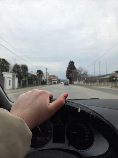 A first-person interior view from a moving vehicle in Gevgelija, North Macedonia, depicts a light-skinned hand with pink nail polish gripping the top of a worn, black steering wheel. A light-colored sleeve is visible on the driver's arm. The instrument cluster is partially visible below the steering wheel, indicating a speedometer marked up to 220 km/h. The windshield shows numerous small water droplets or specks. Beyond the windshield, a two-lane asphalt road extends into the distance, lined on both sides by white residential buildings with red roofs, fences, and sparse deciduous trees. Overhead utility lines are visible. A dark-colored vehicle is observed in the far distance on the road. The sky is overcast and uniformly light gray.