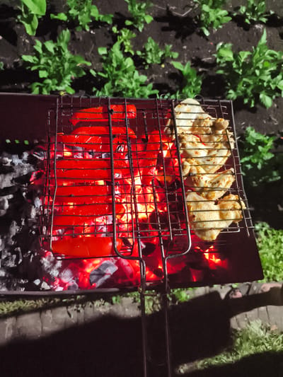 In Il'mino, Russia, a barbecue grill contains sliced red bell peppers and pieces of seasoned chicken being cooked over glowing red coals. The grill rests on a black metal stand, with ash visible beneath the coals. In the background, dark soil is covered with lush green plants, suggesting a garden or yard. The scene is illuminated by the fire and ambient light, casting shadows on the ground.