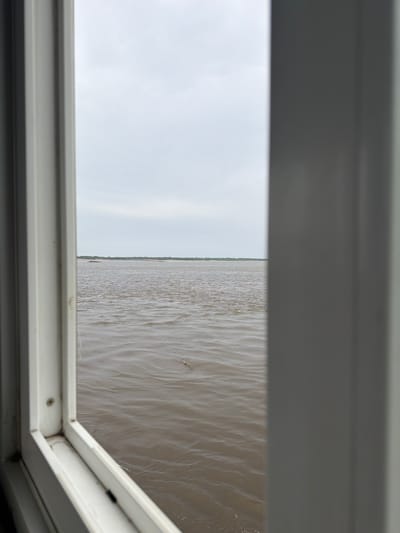 The image presents a view through a white and grey window or sunroof frame, looking out onto a wide expanse of water and sky. The frame elements occupy the top, bottom, and partially the right side of the image, suggesting an internal perspective looking outwards.

Through the opening, the scene is divided by a thin vertical line. The left side of the view displays a uniform, light grey sky, indicating overcast or cloudy weather. The right side reveals a large body of water, colored a brownish-grey with noticeable ripples and waves across its surface, suggesting movement and a possibly turbid river. This water meets the sky at a distant, faint shoreline or riverbank, which forms the dividing vertical line.

The perspective appears to be from an elevated position, such as from a boat, a bridge, or a high structure overlooking the water. The lighting is diffused and soft, consistent with an overcast daytime. There are no people or discernible text visible in the image. Given the location context of Nizhneleninskoe, Russia, this is likely a view of the Amur River.