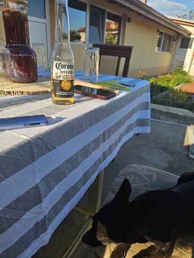 The image shows a table covered with a striped cloth in an outdoor setting. On the table are a Corona beer bottle, a blue vape pen, glasses, a jar with a dark liquid, and a pair of sunglasses. Part of a dog is visible on a chair next to the table. The background includes a building, potentially a house, with windows and a roof. There is also some greenery visible, suggesting a garden or yard. The image does not provide enough information to confirm the location or provide any data about interactions or activities.
