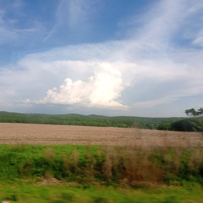 The image shows a wide agricultural field under a partly cloudy sky. In the foreground, there is a blurry strip of green vegetation. Beyond this, a large, tilled field stretches across the frame, its brown earth appearing textured. In the middle ground, a dense line of dark green trees forms the edge of a forest that covers rolling hills. Dominating the sky is a massive, bright white cumulus cloud formation, resembling a cauliflower. The overall scene suggests a rural landscape, possibly in Peschanoe, Russia, given the prompt's context.