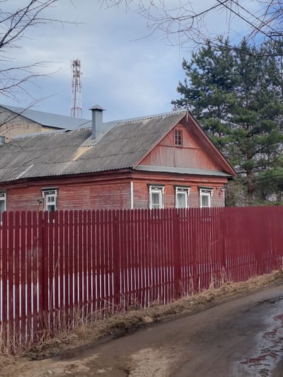 The scene depicts a weathered, red-painted wooden house with a grey corrugated roof and a single metal chimney, located in what appears to be a residential or semi-rural area within Avdot’ino, Russia. A dark red vertical slat fence separates the house from a muddy dirt road in the foreground. The house features multiple white-framed windows on its visible side, with decorative trim, and a small attic window on the gable end.

To the left, behind the house, a portion of a larger, light-colored building with a grey roof is visible, partially obscured by bare tree branches. A tall, white lattice communications tower stands prominently against the cloudy sky in the background to the left. On the right, a large evergreen pine tree rises above the house, contrasting with more bare branches in the midground. The unpaved road in the foreground is wet and muddy, with standing water in places, and dry, sparse vegetation grows along the base of the red fence. No individuals or active subjects are present in the image.