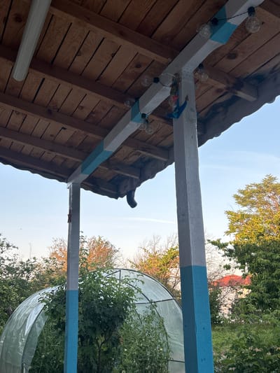The image depicts an outdoor scene, likely a backyard or garden, with a covered porch in the foreground. The porch has a wooden ceiling and is supported by a thick, grey-painted post that is partially painted blue towards the bottom. A string of vintage-style light bulbs hangs from a beam of the porch, with a small nautical-themed decoration attached. The background reveals lush green foliage, including a greenhouse structure on the left, and trees with autumn-colored leaves on the right. The sky is clear and blue, suggesting it is daytime. The general setting implies a rural or suburban environment, consistent with a location like Salmanovo, Bulgaria. There are no people visible in the image.