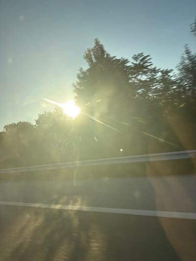 The image depicts a view from a moving vehicle, likely on a highway, with the sun prominently featured in the sky. The sun's rays are casting a bright glare, creating a lens flare effect and obscuring some of the details of the trees lining the road. The trees appear to be in motion, suggesting the photograph was taken while the vehicle was traveling at speed. A white barrier or guardrail is visible along the side of the road, separating the travel lanes from the embankment. The sky is a clear, pale blue, with some indistinct circular or ovular shapes that could be light reflections or dust particles. The road itself is visible in the foreground, with white lane markings. The scene is set in Djerman, Bulgaria, though this specific location within the city is not explicitly identified beyond it being along a road with surrounding vegetation.