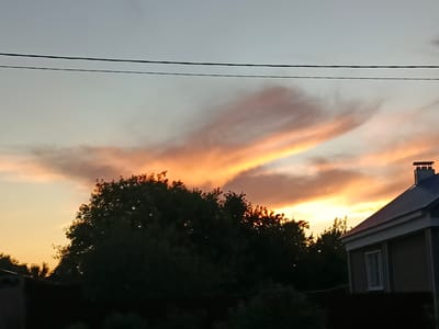 The image shows a twilight sky with wispy clouds illuminated by orange and yellow hues. Two dark power lines stretch across the upper portion of the frame. In the lower half of the image, the silhouettes of dark green trees and the roof of a house with a chimney are visible against the colorful sky. The scene appears to be in a residential area, possibly in the city of Savino, Russia, given the architectural style of the house and the presence of overhead power lines, which are common in such locations. No people are present in the image, and no specific actions or interactions are depicted. The environment is a rural or suburban landscape at dusk.