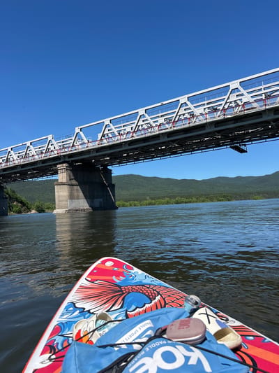 This is a vertical, low-angle outdoor shot showing a large metal bridge spanning across a wide, calm river. The bridge, made of gray steel girders and with a train track on top, dominates the left side of the frame. The supports for the bridge are visible in the center of the image. On the right side of the frame, a colorful paddleboard with a red and blue fish design is floating on the water. Several items are resting on the paddleboard, including a blue bag with white text that appears to say "KO," and some lighter colored footwear. The paddleboard is angled away from the camera, with its front tip extending towards the center of the river.
The river's surface is slightly rippled, reflecting the bright, clear blue sky. On the far bank of the river, a lush, green forest covers rolling hills that stretch into the distance. The sun is high in the sky, suggesting it is midday, and the weather appears to be clear and sunny. The overall scene is one of recreation and enjoying the outdoors.