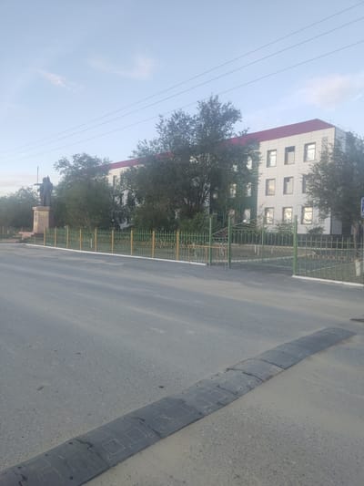 The image captures a street scene in Aral, Kazakhstan. In the foreground, a black speed bump stretches across the asphalt road. Beyond the road, a green metal fence with decorative elements runs along the perimeter of a property. To the left of the fence, a statue of two figures stands on a pedestal. Behind the fence and statue, a multi-story building with a red roof and white facade is visible, partially obscured by trees. The sky above is pale blue with a few wispy clouds. The overall impression is that of an urban environment, likely a public space given the presence of a statue and a building that appears to be a public institution.