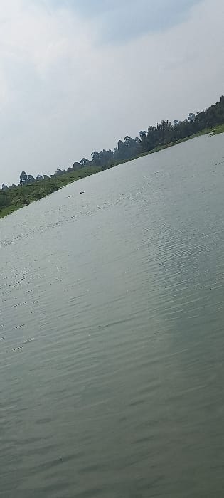 This image depicts a vast body of water, likely a lake or large river, under an overcast or hazy sky. The scene is set in an outdoor, natural environment, presumably within Huruma ward, Kenya. The perspective is tilted clockwise, presenting the horizon line diagonally from the lower-left to the upper-right.

The majority of the frame, occupying the foreground and midground, is filled with the dull green-gray surface of the water. The water exhibits numerous small, uniform ripples, suggesting a gentle breeze or current. No individuals, vessels, or distinct objects are visible on or in the immediate water surface.

Along the distant shoreline, a strip of land covered in dense, dark green foliage and trees is visible, forming a low-lying treeline that recedes into the background. The vegetation appears robust and continuous. Two small, dark, indistinct forms are barely perceptible on the water near the distant shoreline, their nature not clearly identifiable.

The upper portion of the image features a light gray-blue sky with diffuse cloud cover. The overall lighting is soft and uniform, characteristic of an overcast day. No specific human activity or infrastructure is discernible within the frame.