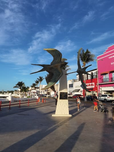 The image depicts a public plaza in Cozumel, Mexico, located at latitude 20.511 and longitude -86.95. The plaza features a prominent sculpture of two stylized birds in flight, crafted from bronze. The birds are mounted atop a white marble pedestal. Behind the sculpture are several palm trees and buildings with brightly colored facades. One building, prominently displaying the word "Cozumel" on its pink wall, is in the upper right corner of the image. There are several people walking in the plaza, including a woman in a black and white patterned dress, and a man in a red shirt pushing a baby stroller. There are also cars parked in the street adjacent to the plaza. The sky is a light blue with a few white clouds. The overall setting suggests a sunny day in the late afternoon or early evening.