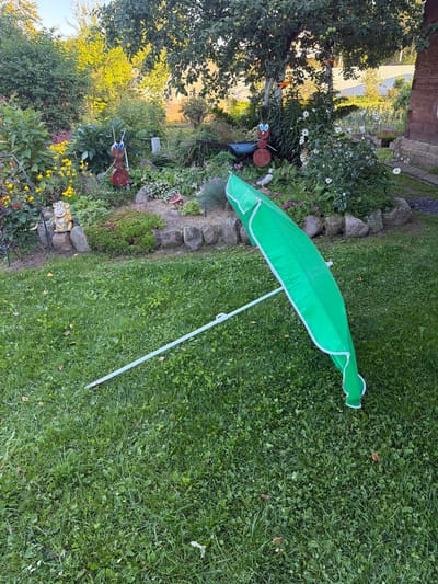 In Primernoe, Russia, a green beach umbrella lies open and tilted on a lush green lawn in a backyard garden. The umbrella's white pole extends diagonally across the grass, with the fabric canopy positioned to the right of the frame. Behind the umbrella, a flowerbed is visible, featuring various plants, flowers, and garden decorations, including two wooden ant figures and a small monkey statue. In the background, trees, a wooden building, and a fence can be seen. The scene appears to be set during daylight hours, with sunlight casting shadows.