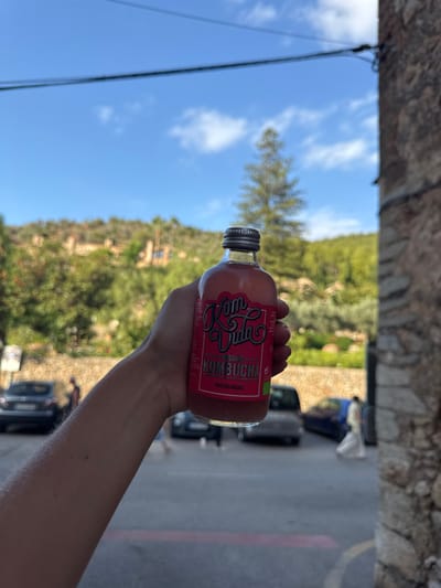 A close-up, eye-level shot captures a light-skinned human hand holding a clear glass bottle of "Kom Vida Organic Kombucha - Frutos Rojos" in the foreground, against a blurred backdrop of a street scene in Deià, Spain. The bottle contains a reddish-pink liquid and has a metallic screw cap. In the midground, a paved road or parking area is visible with several blurred vehicles, including a dark car on the left and a blue car on the right. Two indistinct figures are present on the street: one near the dark car on the left, and another, clad in light-colored clothing, walking from right to left in the distance. The background features lush, green, tree-covered hills characteristic of Deià, with several traditional buildings possessing reddish roofs nestled among the foliage. A prominent tall conifer tree stands out against the clear blue sky, which has sparse white clouds. The scene is illuminated by natural daylight.