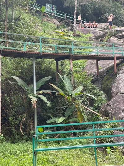 A lush, green landscape features a metal-framed bridge extending into the scene. The bridge's structure is visible, with its supports and walking platform. In the distance, people are visible on rock formations. Foliage and dense vegetation surround the bridge, emphasizing the natural environment. The overall composition suggests a tropical or subtropical setting with human interaction.
