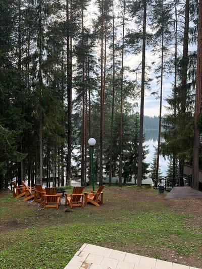 The image depicts an outdoor seating area within a forest, adjacent to a lake. Six wooden Adirondack chairs are arranged in a semi-circle around a fire pit in the center. The chairs are made of natural wood and appear to be weathered. The fire pit is a dark, circular metal container. The ground surrounding the seating area is covered in grass and loose soil. In the background, tall pine trees dominate the landscape, their branches creating a dense canopy. Beyond the trees, a tranquil lake is visible, its surface reflecting the sky and surrounding trees. The sky is overcast with some visible clouds. To the right of the scene, a wooden deck with stairs leads up to a building, suggesting a lodge or cabin. A lamppost with a white spherical light fixture stands near the seating area. The overall environment suggests a secluded, natural setting suitable for relaxation and outdoor activities. The location is Usad'e, Russia.
