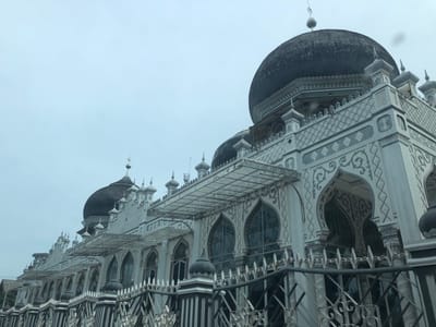 The image shows a close-up, low-angle view of a mosque in Keudekruenggeukueh, Indonesia. The mosque is a grand structure with multiple domes, the largest of which is a prominent black dome with a textured surface. The building's facade is predominantly white with intricate grey decorative patterns, including arched windows and patterned friezes. Several smaller domes and spires adorn the roofline, adding to the architectural complexity. A metal fence with decorative elements runs across the foreground, partially obscuring the lower part of the mosque. The sky is overcast, suggesting a cloudy day. The image appears to be taken during daylight hours. There are no people visible in the frame. The overall impression is one of grandeur and detailed craftsmanship.