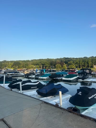 The image shows a marina on a body of water, likely a lake, in Algonquin, Illinois, United States of America. The sky is clear and blue with a hint of a distant cloud. The water is calm and reflects the sky and surrounding trees. In the foreground, a concrete walkway runs along the edge of the marina. Moored in the water are numerous personal watercraft (jet skis) and boats, most of which are covered with protective tarps. Some of the jet skis have visible branding, such as "SEA-DOO" and "YAMAHA WAVERRUNNER." The boats and jet skis are docked on white floating platforms. In the background, a dense line of lush green trees forms the shoreline. A few structures, possibly houses or other buildings, are visible amongst the trees. The overall scene depicts a typical summer day at a recreational marina. There are no people or animals visible in the image.