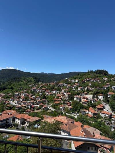 An aerial view of Momchilovtsi, Bulgaria shows houses and buildings with terracotta roofs dotted across a hillside. The hillside is densely covered with trees and vegetation. The sky is a clear, bright blue. A metal railing is visible in the foreground.