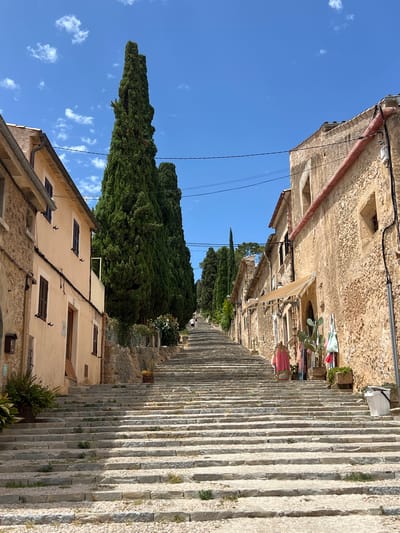 This is a ground-level, wide-angle outdoor shot looking up a steep, stone-paved stairway in the town of Pollença, Spain. The stairway is flanked on both sides by old stone and stucco buildings. Tall, slender cypress trees line the left side of the stairway, reaching towards a bright blue sky with scattered white clouds. On the right side, a woman in a pink dress is ascending the stairs, passing a shop with awnings and displays of clothing and cacti. A white trash bin is visible on the far right. The stone steps are worn and uneven, with small plants growing in some of the crevices. The scene is bathed in bright sunlight, casting shadows on the stairs.