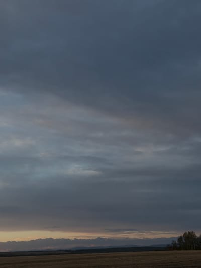 The image depicts a landscape under a predominantly cloudy sky, possibly in the vicinity of Krasnaya, Russia. A field of harvested crops occupies the right side of the frame, with a line of trees visible along the horizon. The lighting suggests either dawn or dusk. The sky is filled with dense, layered clouds, ranging in color from dark gray to lighter shades, obscuring the sun.