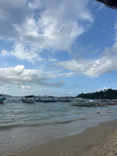 The image displays a coastal view in Roxas, Philippines. The sky is partially clear with blue sections interspersed with white and grey cumulus clouds. A dark green palm frond is visible in the upper right corner. In the foreground, a light-colored sandy beach is present, with small, gentle waves breaking onto the shore. The mid-ground features a body of water populated by numerous traditional Filipino outrigger canoes (bangka). These boats are varied in size and color; several larger vessels equipped with covered roofs are anchored further from the beach, while smaller, simpler bangka are closer to the shoreline. In the background, a heavily vegetated landmass or hill rises on the right side, with additional distant landforms visible on the left horizon. The water exhibits a light blue-green hue, appearing calm. No individuals are clearly discernible on the beach or within the boats.
