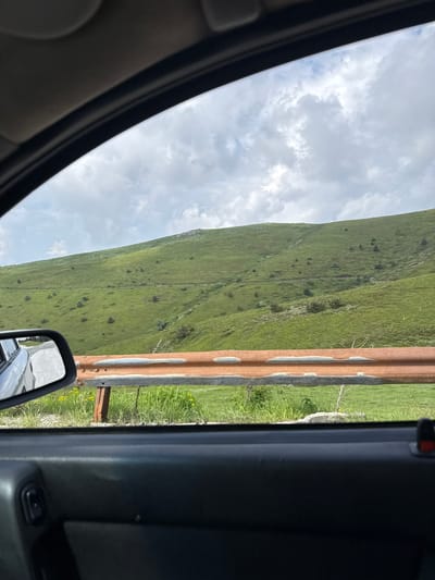 This image captures a landscape view from the interior of a vehicle in Hristo Danovo, Bulgaria. The top and bottom portions of the frame are occupied by the car's interior: a dark grey, textured headliner at the top, and a dark grey plastic door panel at the bottom. A black control knob is partially visible on the left of the door panel, and a small red element is present on the far right.
On the left side of the view, the vehicle's silver exterior rearview mirror reflects a segment of a light-colored road or shoulder and a portion of the vehicle's own bodywork.
The primary subject of the image is a large, verdant green mountain or hill, which occupies the midground and background. The hillside is extensively covered with lush green grass, suggesting a spring or summer season. Numerous small, dark green coniferous trees are sparsely distributed across the entire slope. Several faint, unpaved tracks or paths traverse the hillside horizontally. In the mid-right, a basic fence structure, comprising thin vertical posts and horizontal wires, is visible on the slope.
Running horizontally across the lower midground, below the hillside, is a weathered, rusty orange-brown metal guardrail, showing areas of exposed lighter metal. It is supported by dark posts. Immediately below the guardrail, a narrow strip of ground features green grass, scattered yellow wildflowers, and some rocky or gravelly patches.
The sky above the mountain is mostly overcast with a mixture of grey and white clouds, with intermittent patches of brighter blue sky visible. No individuals, animals, or active interactions are depicted in the scene.