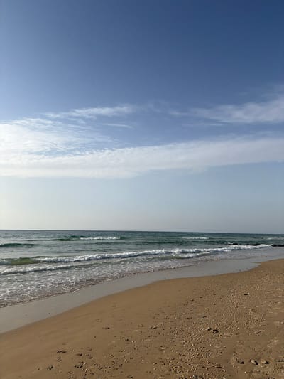 This image captures a wide-angle view of a beach at Beit Yanai, Israel, under daylight conditions. The scene is stratified horizontally into three primary elements: sky, sea, and sand. The upper portion of the frame displays a clear blue sky, with scattered, thin, white cirrus-like cloud formations concentrated across the mid-sky. Below the sky, the Mediterranean Sea occupies the central section, characterized by greenish-blue water with multiple distinct waves breaking towards the shore, producing white foam. The ocean extends to a faint, flat horizon line. The lower portion of the image depicts a light brown sandy beach, curving gently from the lower left towards the right. The sand surface exhibits numerous small seashells and pebbles, particularly in the drier areas, and shows minor indentations consistent with footprints in various locations. A wet line marks the immediate interface between the breaking waves and the sand. No people, animals, or prominent man-made objects are visible in the frame.