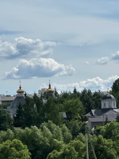 This media file is a vertical, slightly tilted outdoor photograph capturing a view of buildings, trees, and the sky. The primary subjects are architectural structures with distinctive domes, suggesting religious buildings such as churches or cathedrals. One building has a dark, curved dome topped with a spire. Another structure, partially obscured by trees, also features a golden dome with a spire. These buildings are nestled amongst lush green trees, indicating a natural setting integrated with an urban or semi-urban environment.
The sky is filled with a mix of light blue and white, fluffy clouds, suggesting it is daytime, likely late morning or afternoon, given the brightness and cloud formations. The weather appears to be pleasant, possibly sunny with some cloud cover.
There are no people visible in the frame. The focus is on the architecture and the natural elements. The presence of power lines or utility poles in the foreground suggests a developed area. The architecture with its characteristic domes, combined with the location context of Dubrovitsy, Russia, points to a specific religious complex or historical area within that region.
Notable details include the golden sheen on the domes, the dense foliage of the trees, and the texture of the clouds. The image conveys a sense of peace and possibly reverence due to the religious architecture. No visible text is present in the image. The overall scene is one of architectural beauty set against a backdrop of nature and a clear sky.